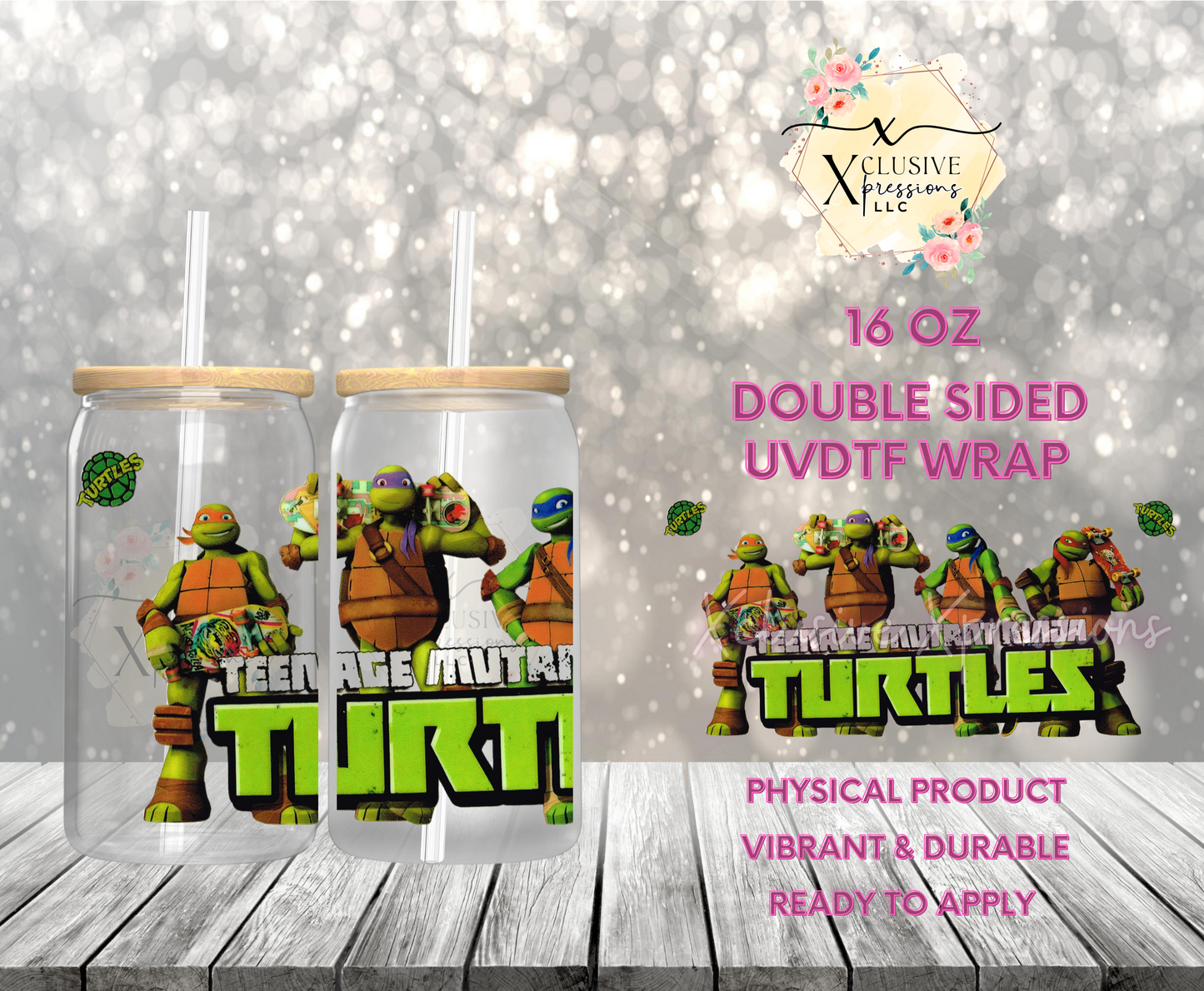 #880 Turtles Ninja Skateboard, Double-Sided 16 oz UVDTF