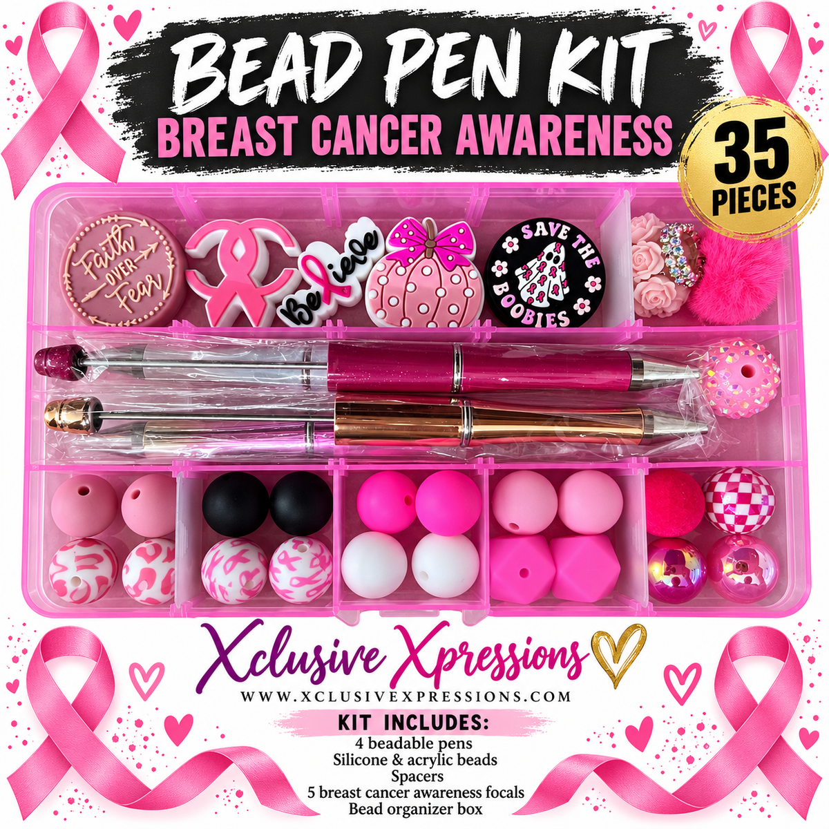 Breast Cancer Beadable Pen Kit (35 piece Kit + Organizer) Limited Edition
