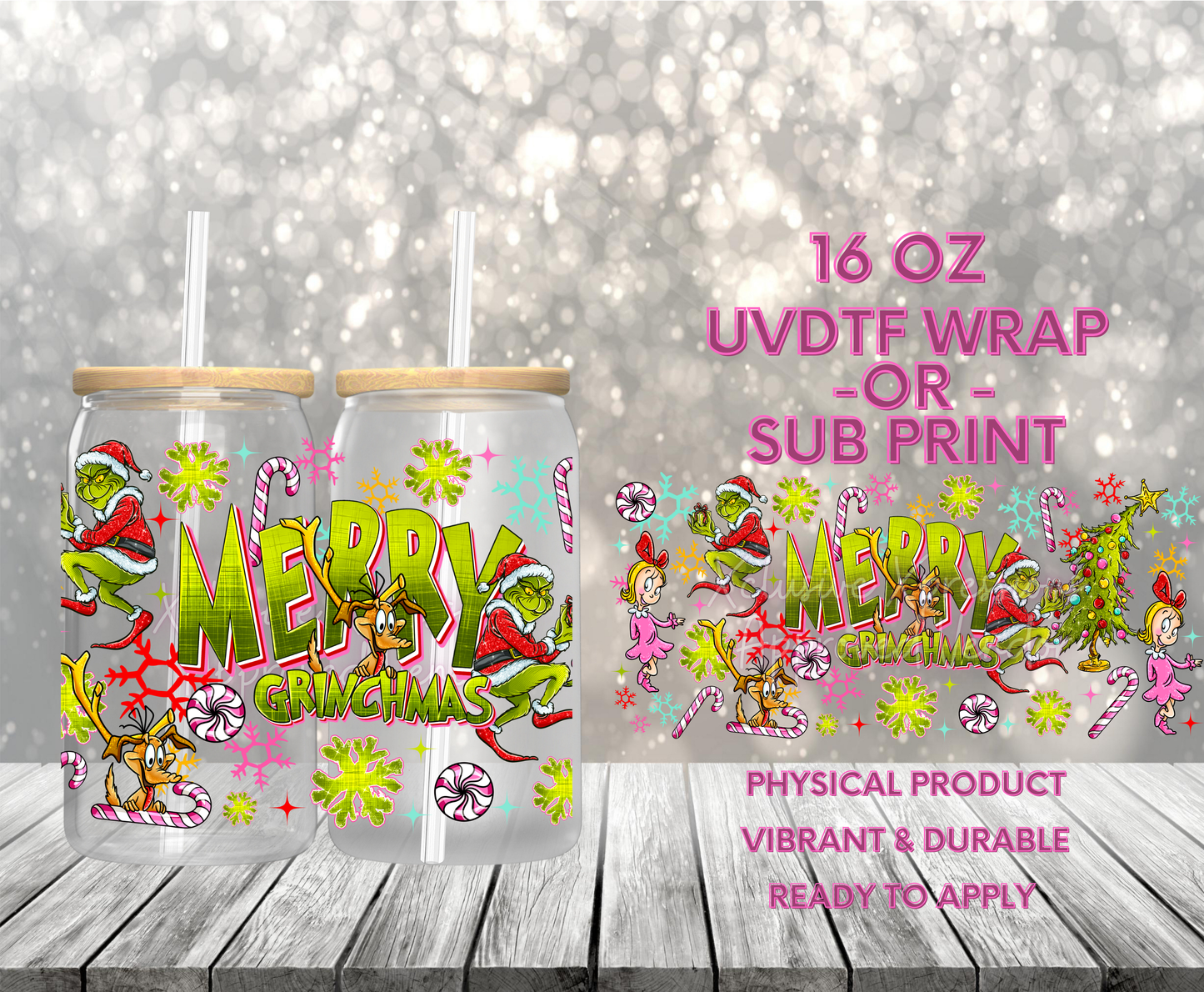 #821, Merry Xmas Green Guy, Single-Sided 16 oz UVDTF