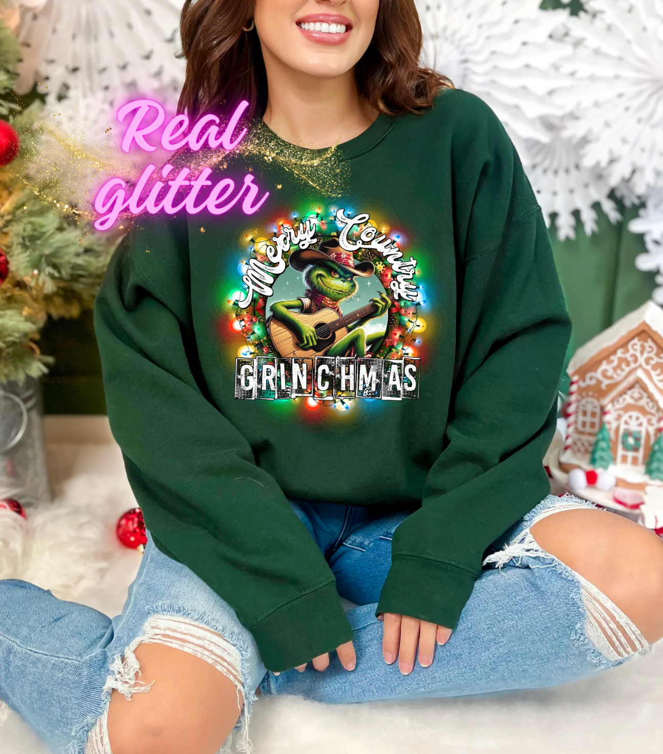 Grinchmas Xmas Green Guy Country, Glitter Screenprint