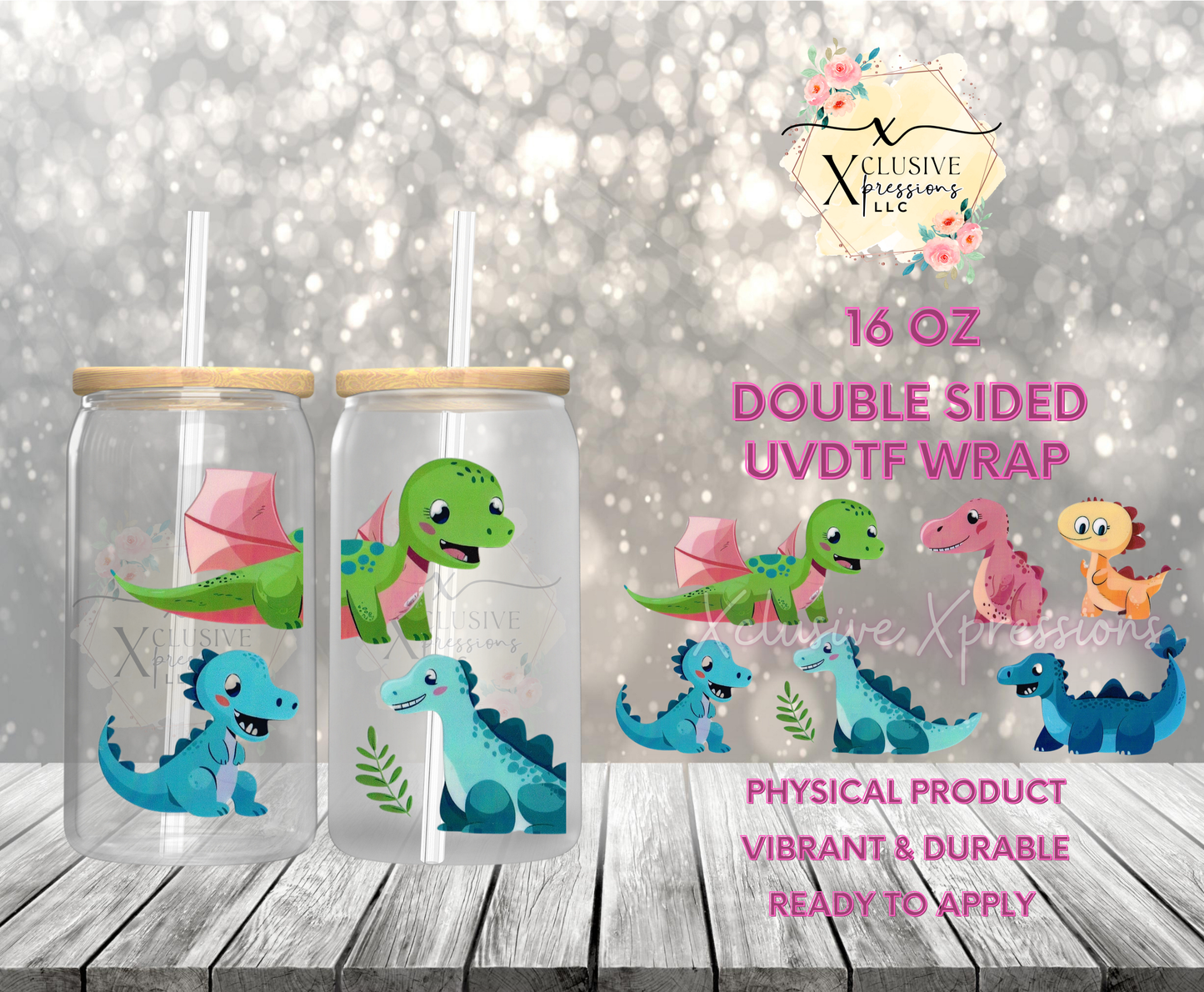 #889 Cute Dinos, Double-Sided 16 oz UVDTF