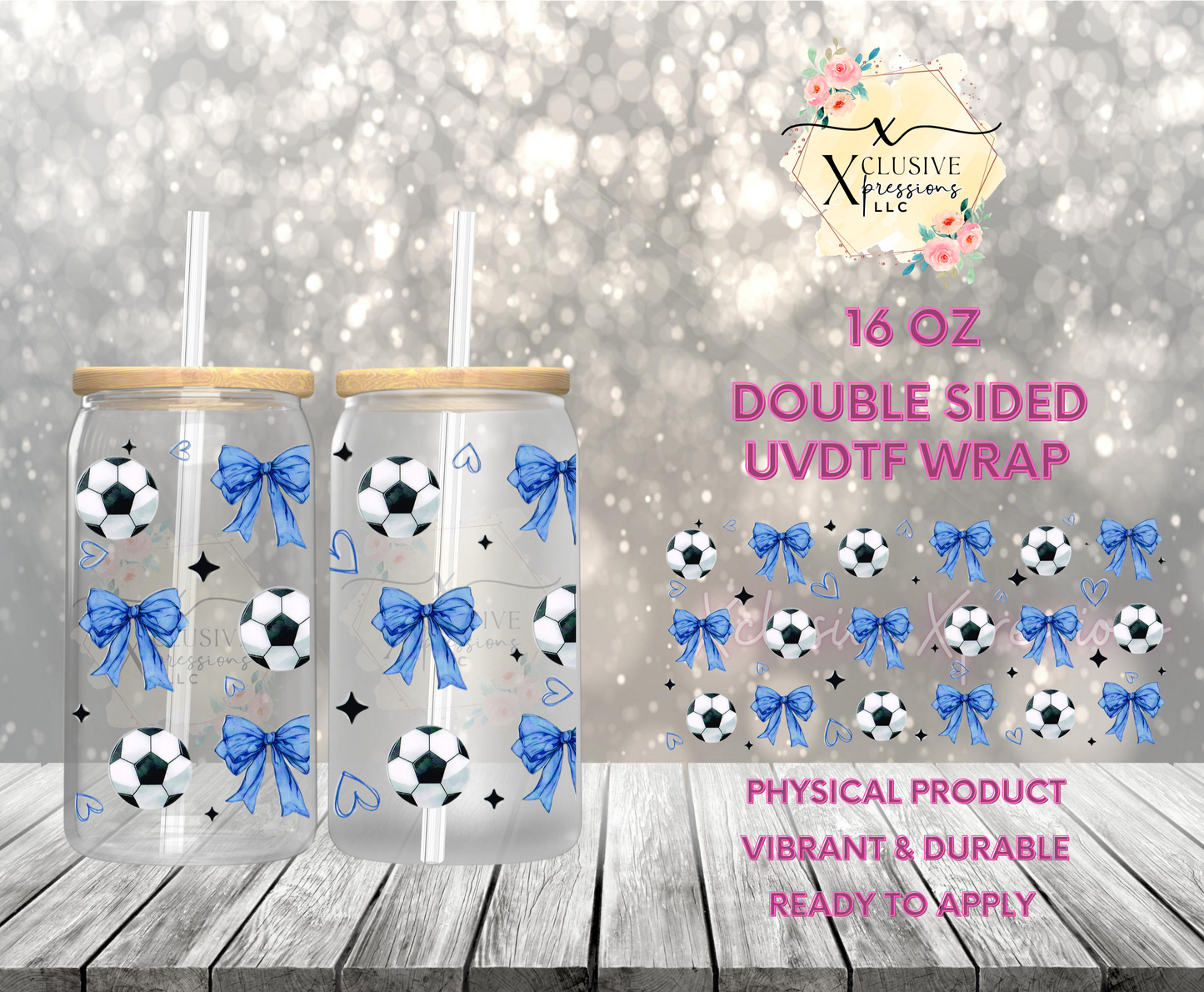 #892 Soccer & Bows, Double-Sided 16 oz UVDTF