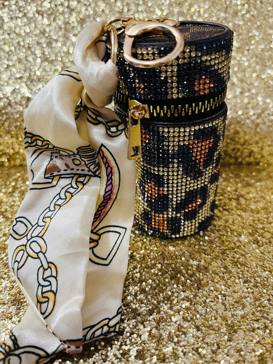 Leopard Rhinestone Zipper Pouch Keychain