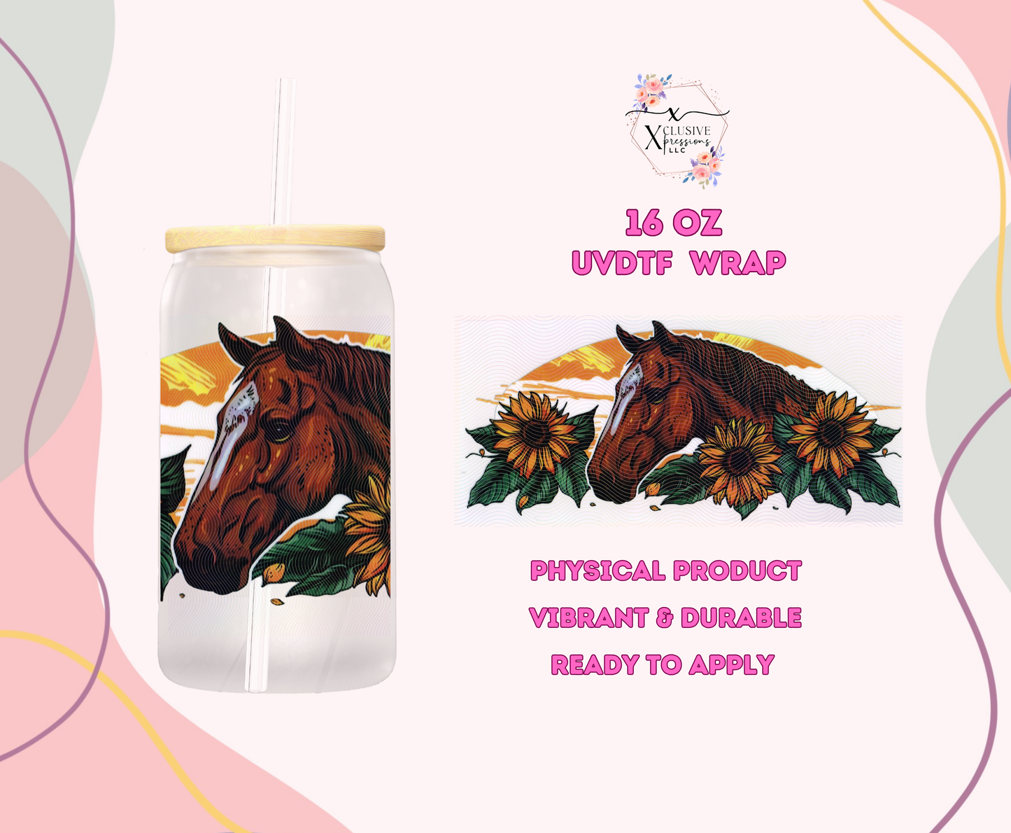 #1184 Horse & Sunflowers, Double-sided 16 oz UVDTF