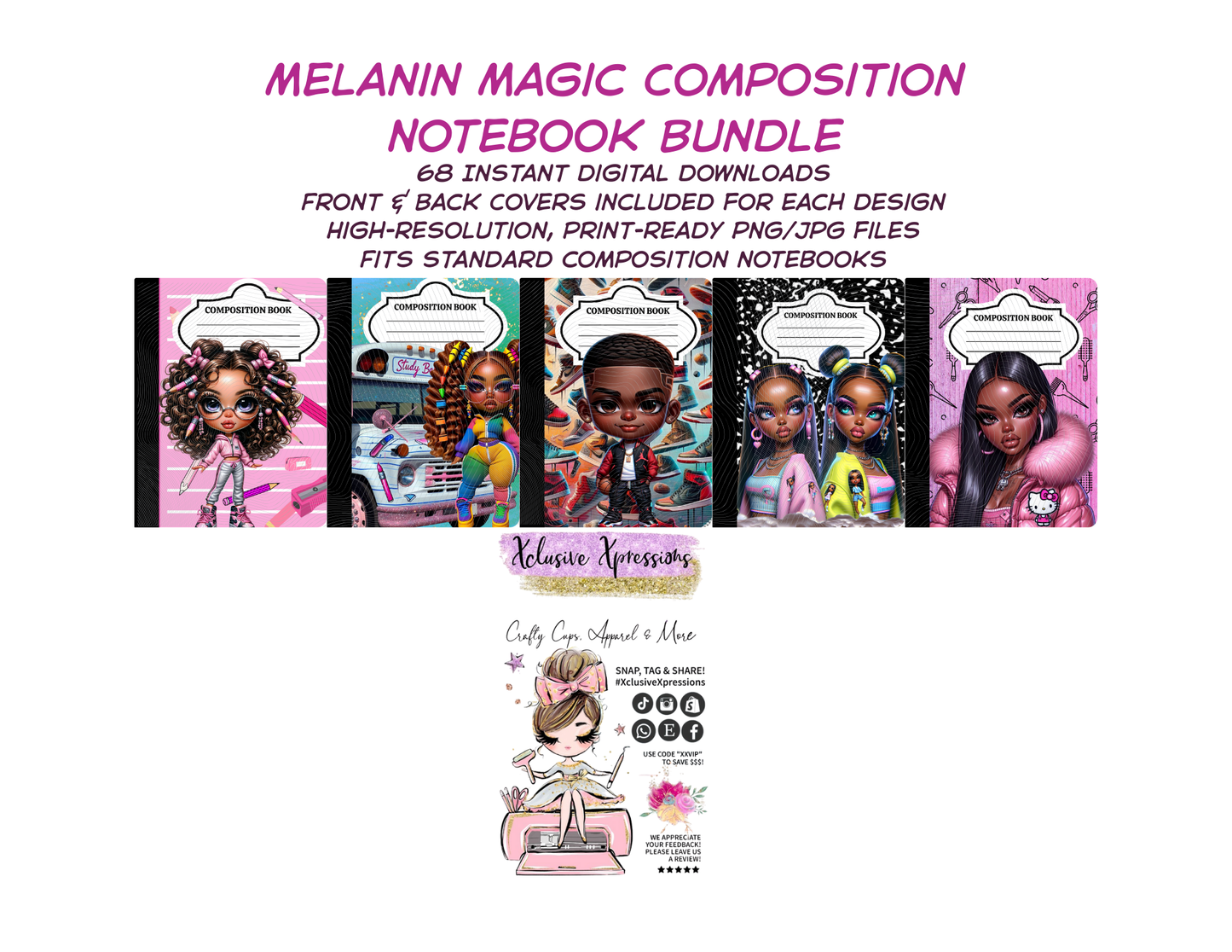 Melanin Magic Composition Notebook Cover Collection, 68 Digital PNGs